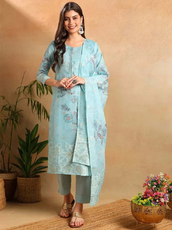 Ahika Women Blue Linen Blend Floral Woven Design Straight Kurta Trousers With Dupatta-PKSKD2649 Trousers trendy modern