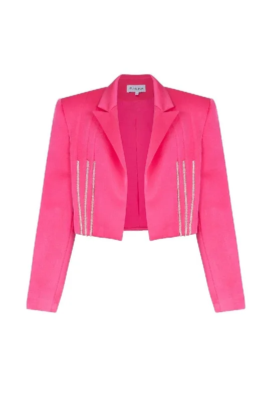 FUCHSIA RHINESTONE CROPPED JACKET Denim Fabric Leather Fabric Suede Fabric