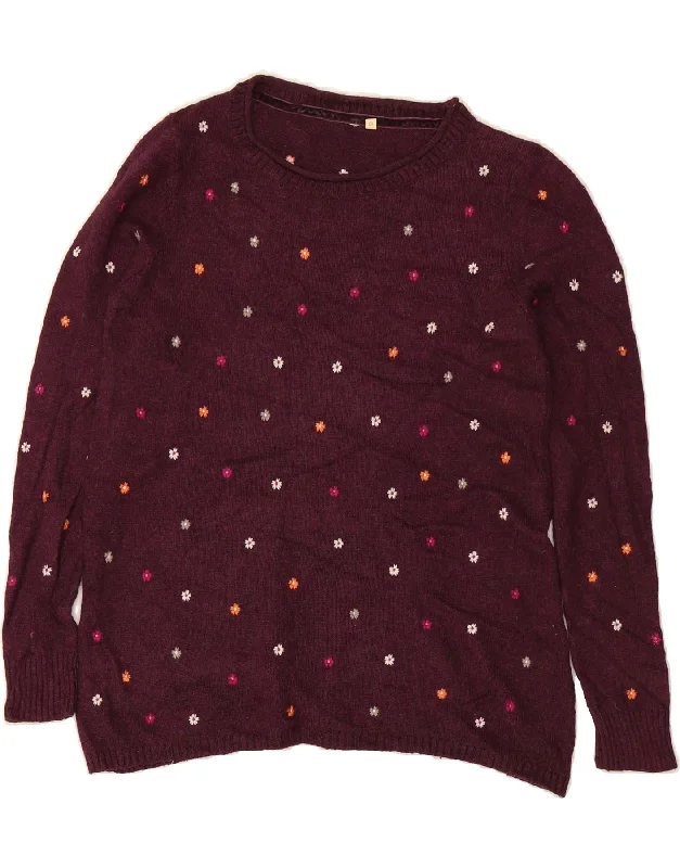 WHITE STUFF Womens Boat Neck Jumper Sweater UK 10 Small Burgundy Floral Satin Blend Silk Blend Wool Blend