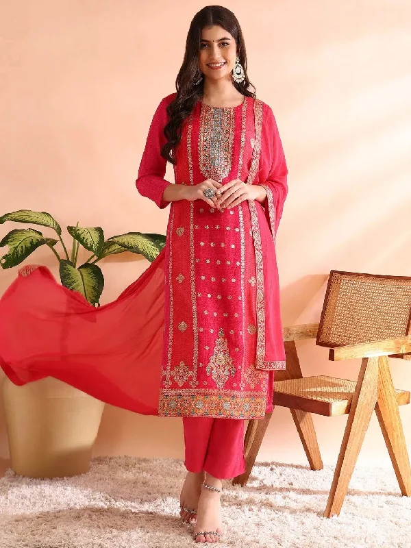 Ahika Women Pink Organza Ethnic Motifs Woven Design Straight Kurta Trousers With Dupatta-PKSKD2587 Trousers Elastic Waist Soft