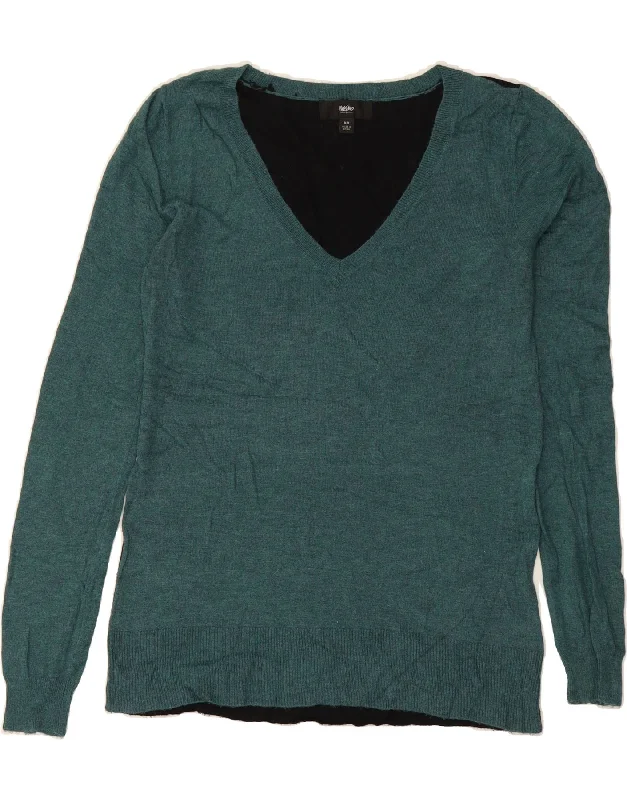 MOSSIMO Womens V-Neck Jumper Sweater UK 14 Medium Green Colourblock Nylon Casual Formal Business