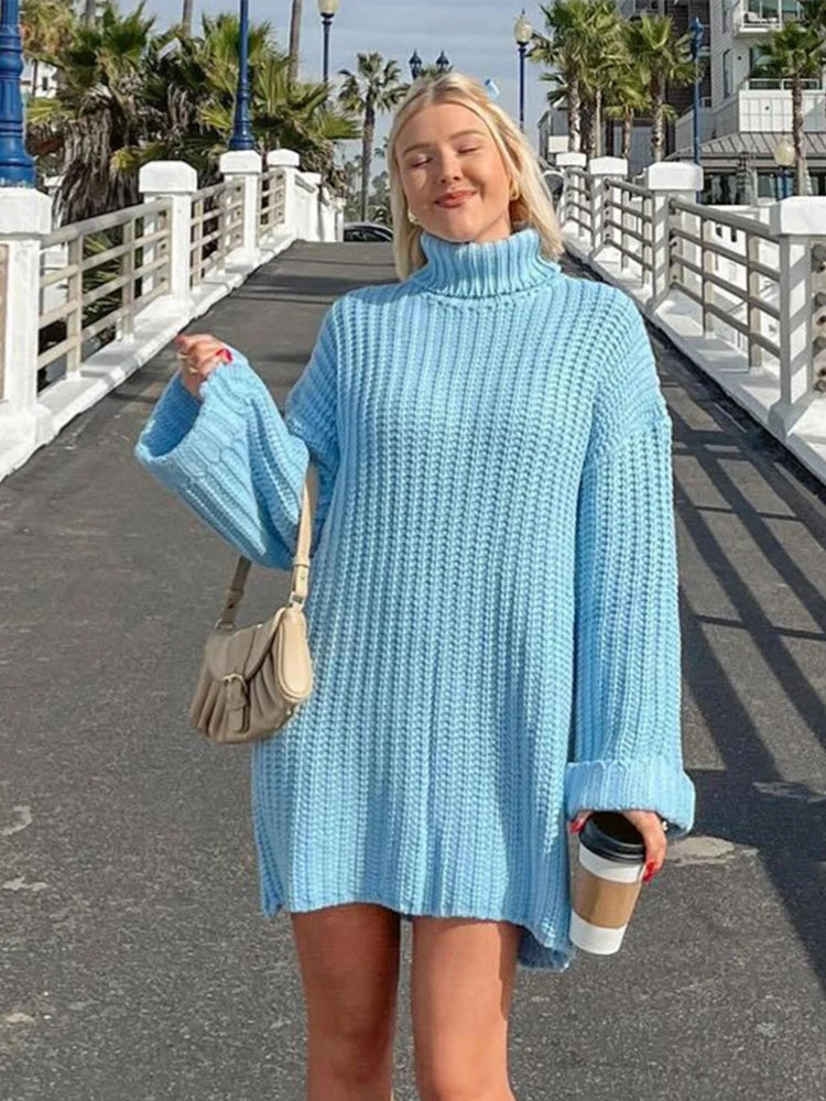 Advbridge Casual Knitted Pullover Dress Women Turtleneck Long Sleeve Ribbed Female Sweater 2024 Autumn Winter Fashion Lady Warm Outerwears Oversized Cozy Pullover