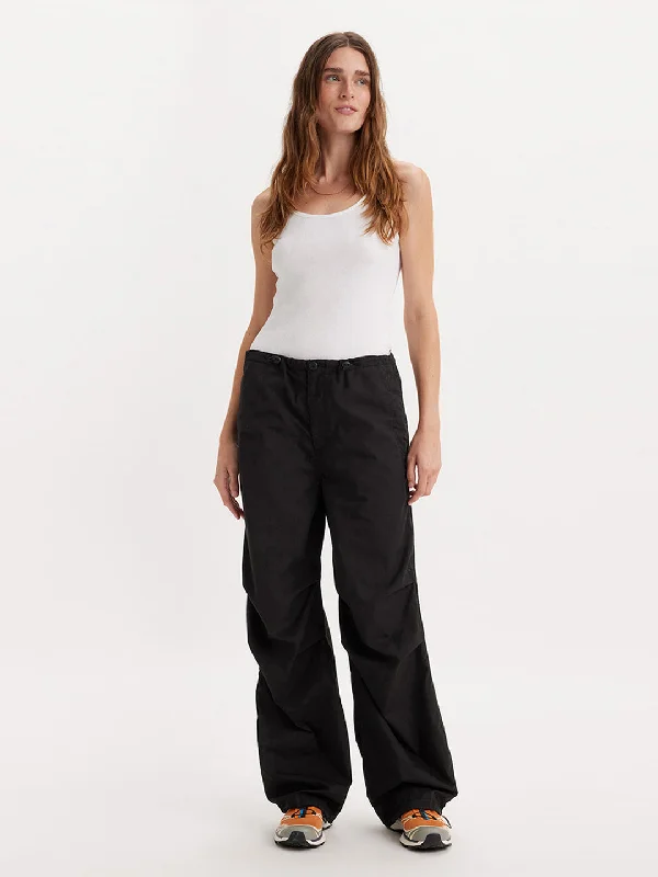 Women's Mid Rise Black Baggy Fit Cargo Trousers Trousers Modern Contemporary