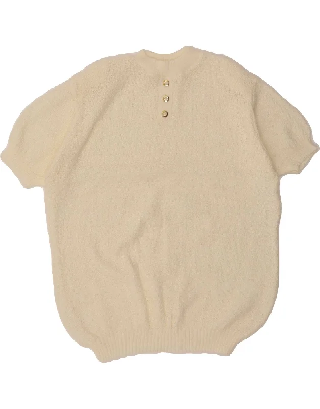 VINTAGE Womens Short Sleeve Crew Neck Jumper Sweater UK 14 Large Off White Slim Fit Regular Fit Oversized