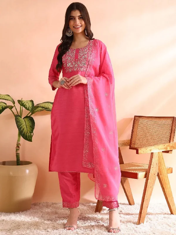 Ahika Women Pink Silk Blend Solid Embroidered Straight Kurta Trousers With Dupatta-PKSKD2528PNK Trousers Velvet Soft