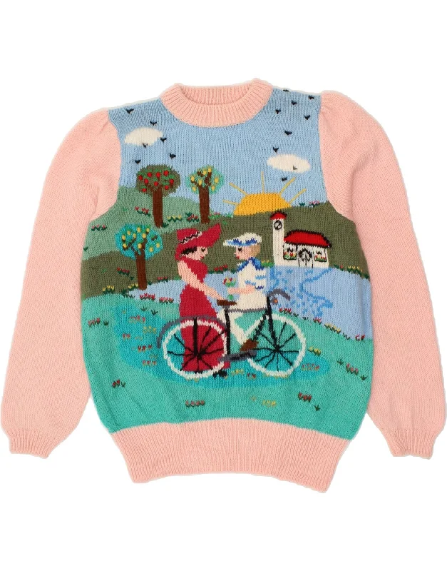 VINTAGE Womens Turtle Neck Jumper Sweater UK 16 Large Pink Colourblock Wool Fabric Cashmere Fabric Tweed Fabric