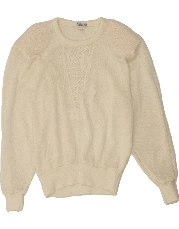 VINTAGE Womens Crew Neck Jumper Sweater UK 16 Large White Floral Acrylic Turtle Neck Boat Neck Asymmetrical Neck