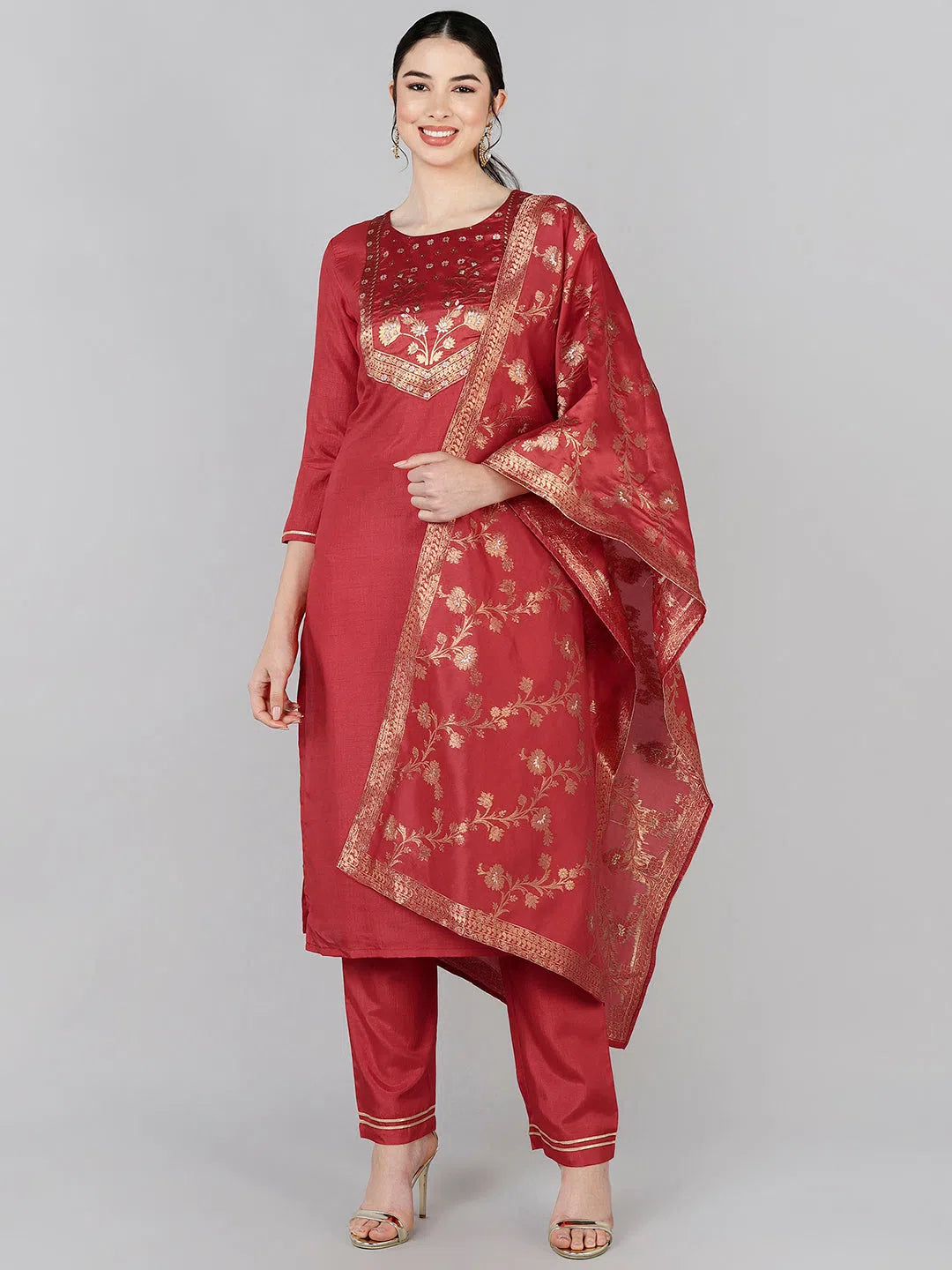 Ahika Poly Silk Yoke Design Kurta Trousers-PKSKD1379_S Trousers chic elegant