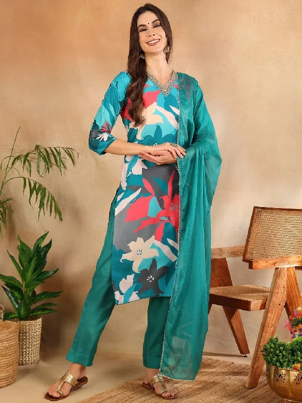 Ahika Women Teal Silk Blend Floral Printed Straight Kurta Trouser With Dupatta-PKSKD2643 Trousers Top Rated