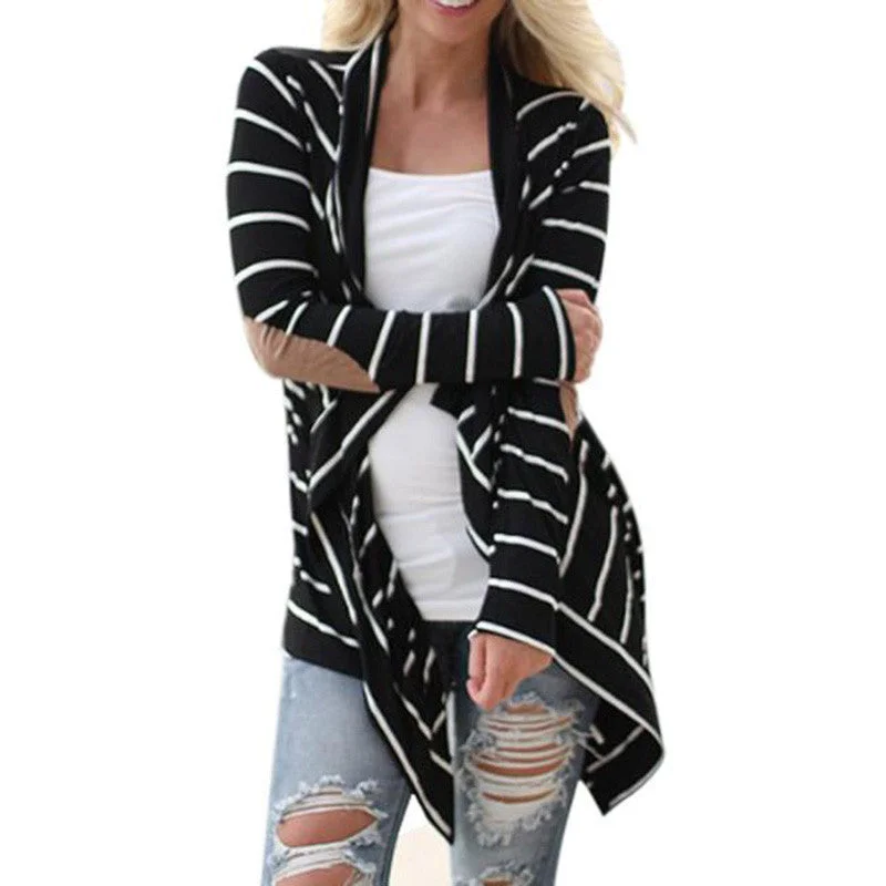 Black and White Tshirt Striped Elbow Patching PU Leather Long Sleeve Knitted Cardigan Fall Slim Spring Autumn Women Sweater Faux Fur Fabric Real Fur Fabric Shearling Fabric