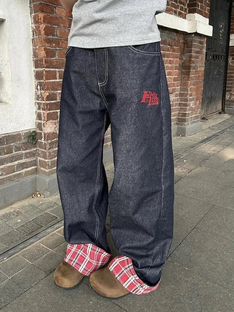 Advbridge Baggy Plaid Jeans Pants Women Retro Harajuku Letter Embroidery Korean Straight Wide Leg Denim Trousers Y2k HipHop Casual Cropped Trousers Casual Linen