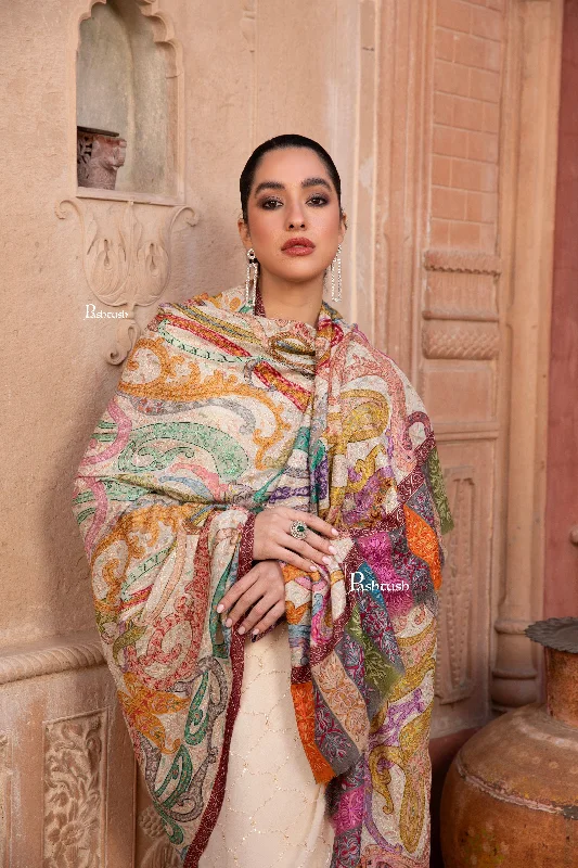 Pashtush Womens Kalamkari Shawl with Hand Embroidered Outline, Fine Wool, Dreamy Pastels Trendy Bohemian Shawl Cape