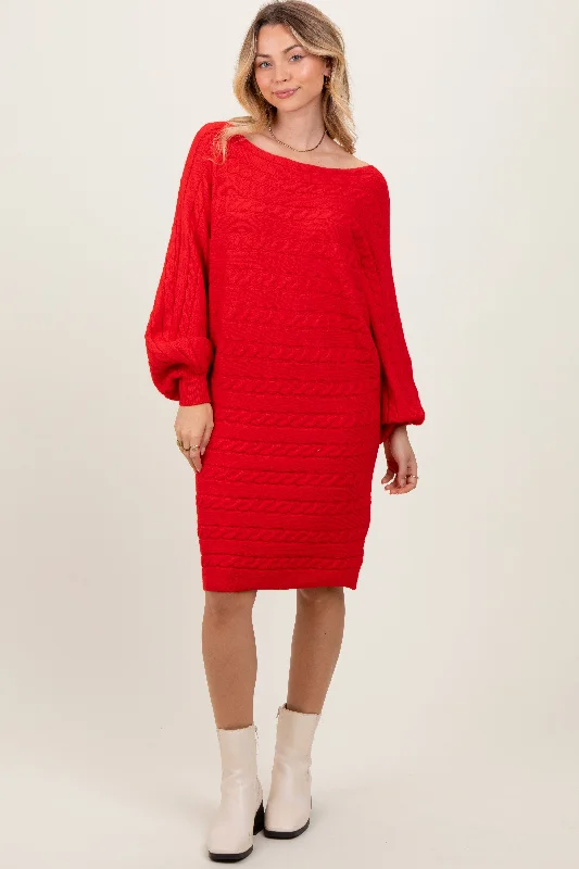 Red Cable Knit Dolman Sleeve Sweater Mini Dress Solid Color Striped Floral Print