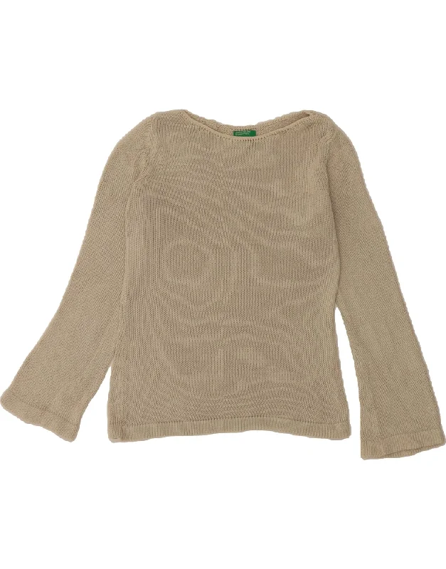 BENETTON Womens Boat Neck Jumper Sweater UK 10 Small Beige Cotton Solid Color Striped Floral Print