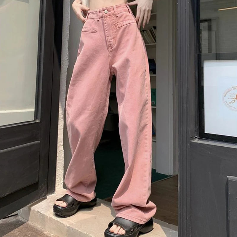 Advbridge - 2024 Harajuku Loose Pink Jeans Women Streetwear High Waist Wide Leg Pants Woman Simple Baggy Straight Trousers Female Trousers Ceremony Elegant