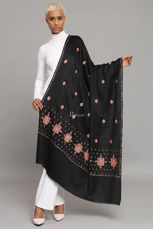 Pashtush Womens Fine Wool Shawl, Kashmiri Embroidery Palla Design, Black Cozy Woolen Shawl Scarf