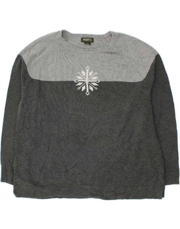 EDDIE BAUER Womens Boat Neck Jumper Sweater UK 20 2XL Grey Colourblock Spandex Blend Rayon Blend Denim Blend
