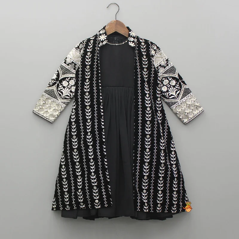 Pre Order: Black Kurti With Embroidered Velevet Jacket Mesh Jacket Canvas Jacket Denim Jacket