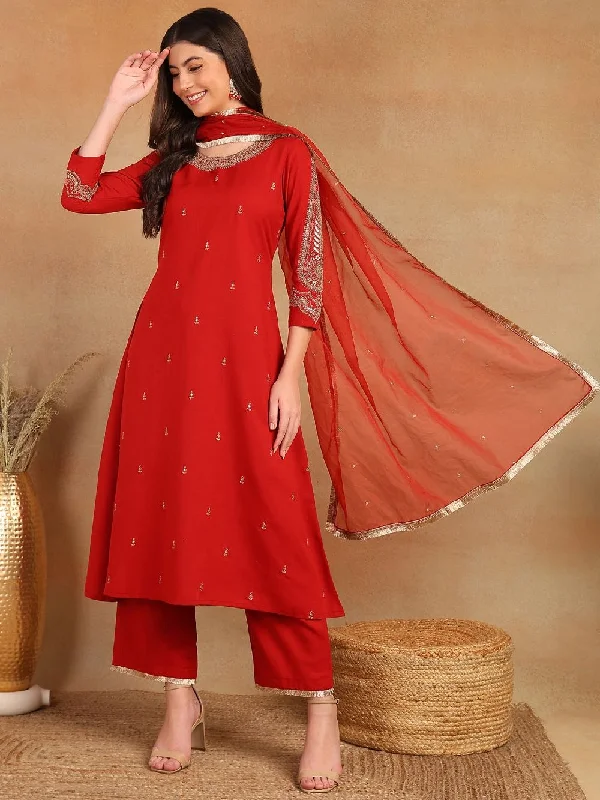 Red Silk Blend Solid Embroidered A-Line Kurta Trouser With Dupatta Trousers chic fashionable