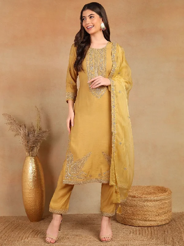 Gold Silk Blend Solid Embroidered Straight Kurta Trouser With Dupatta Trousers Essential Wardrobe