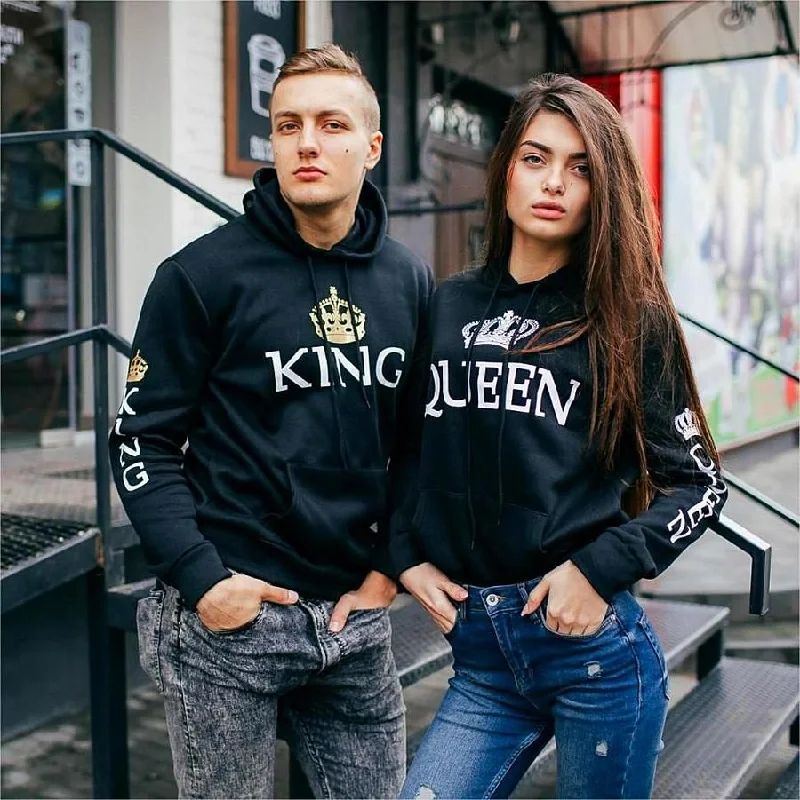 King Queen Printed Couple Hoodies Women Men Sweatshirt Lovers Couples Hoodies Casual Pullovers Gift Soft Wool Sweater