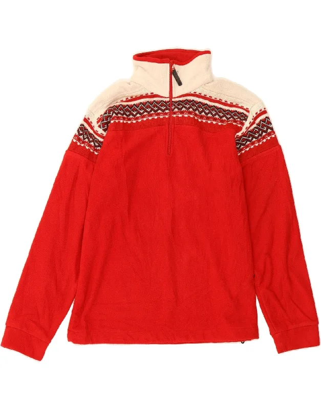 VINTAGE Womens Zip Neck Fleece Jumper IT 48 XL Red Fair Isle Polyester Mesh Blend Leather Blend Suede Blend