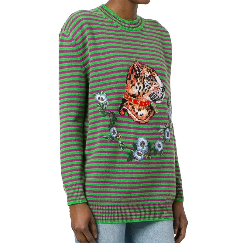 Gucci Women's Wool Striped Leopard Head Sweater Green Glossy Satin Silk