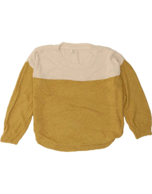 FAT FACE Womens Crew Neck Jumper Sweater UK 14 Medium Yellow Colourblock Fitted Loose Oversized