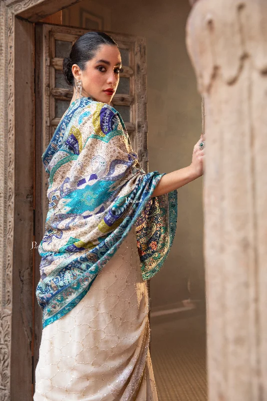 Pashtush Womens Kalamkari Shawl, Outlined Hand Embroidered, Fine Wool, Samarkand Blue Warm Cashmere Shawl Cape