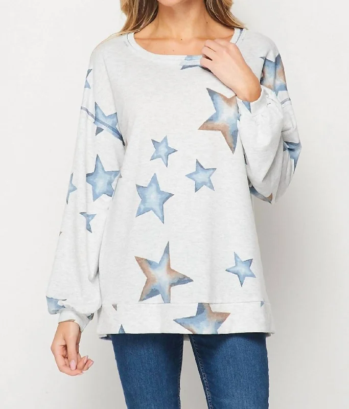 Star Print Pullover In Grey Spaghetti Sleeve Top