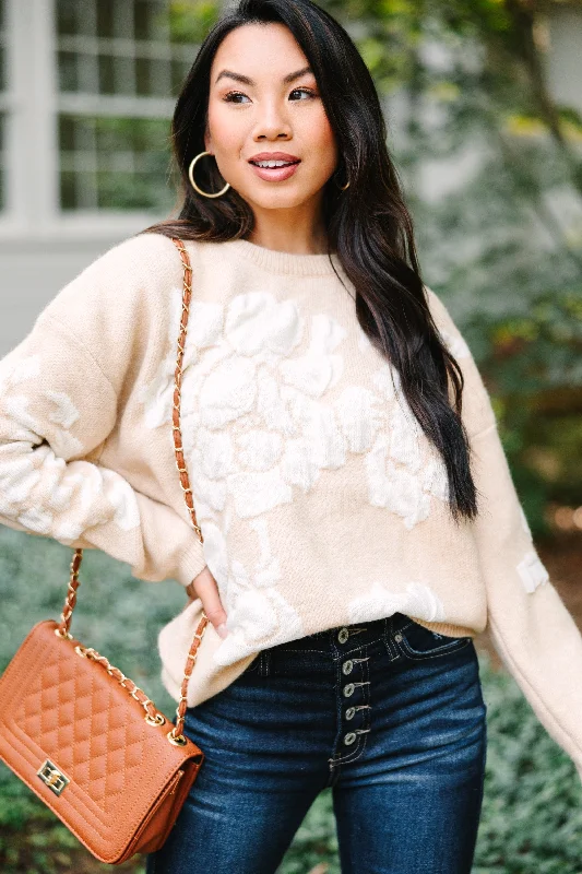 Support Your Dreams Oatmeal Floral Sweater Toggled Drawstring Belted