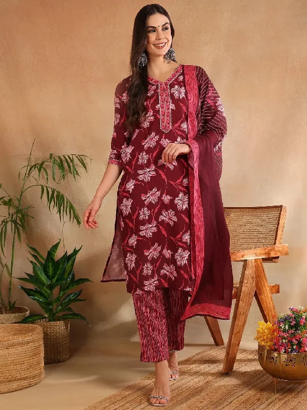 Ahika Women Maroon Rayon Blend Floral Printed Straight Kurta Trouser With Dupatta-VKSKD2236 Trousers Recommended Stylist