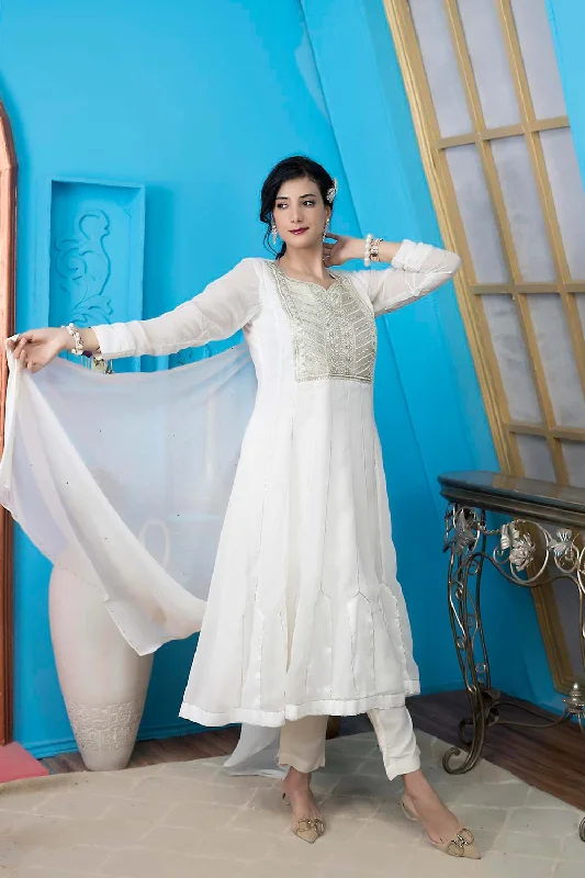 Off White Georgette Stitched Anarkali Trouser Kurta Dupatta Readymade Suits Trousers Corduroy Warm