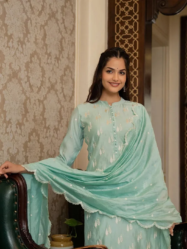 Ahika Women Sea Green Silk Blend Solid Embroidered Straight Kurta Trouser With Dupatta-PKSKD2686 Trousers luxurious premium