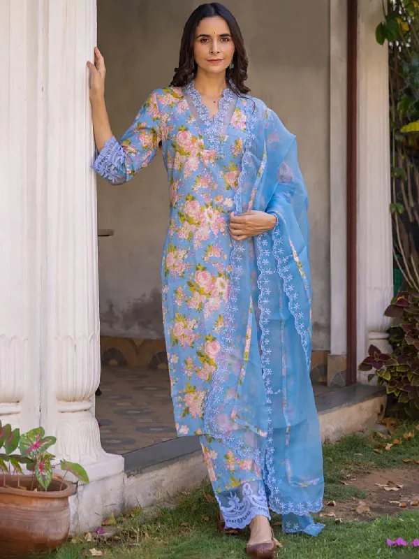 Blue Viscose Rayon Floral Embroidered Straight Kurta Trouser With Dupatta Trousers stylish modern