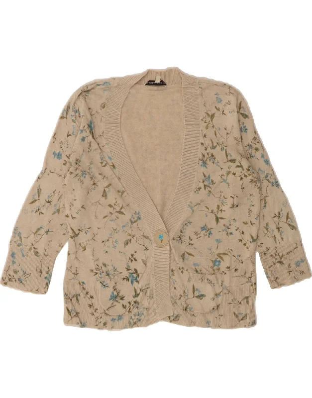 LAURA ASHLEY Womens 3/4 Sleeve Cardigan Sweater UK 14 Large Beige Floral Embroidered Appliqued Beaded