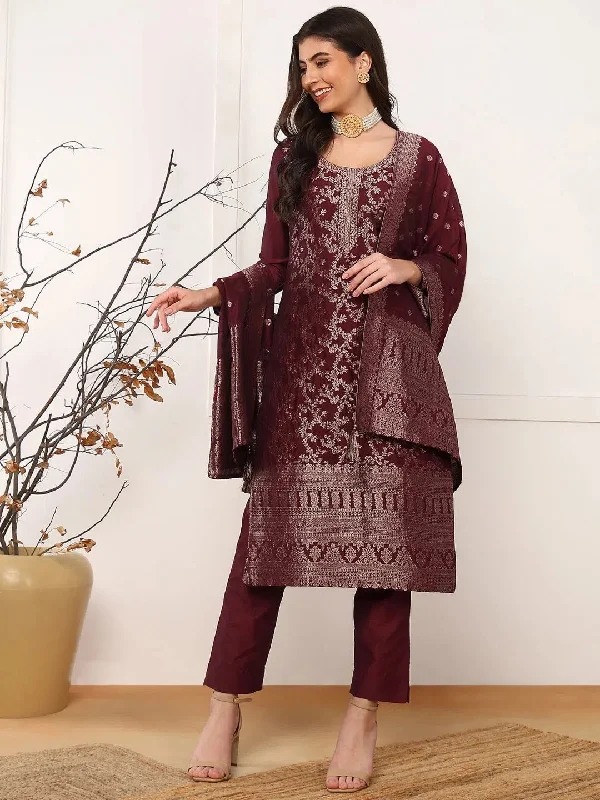 Ahika Women Maroon Chanderi Cotton Solid Woven Design Straight Kurta Trouser With Dupatta-PKSKD2589 Trousers Business Professional