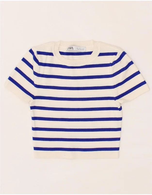 ZARA Womens Crop Boat Neck Jumper Sweater UK 8 Small White Striped Mesh Fabric Canvas Fabric Denim Fabric