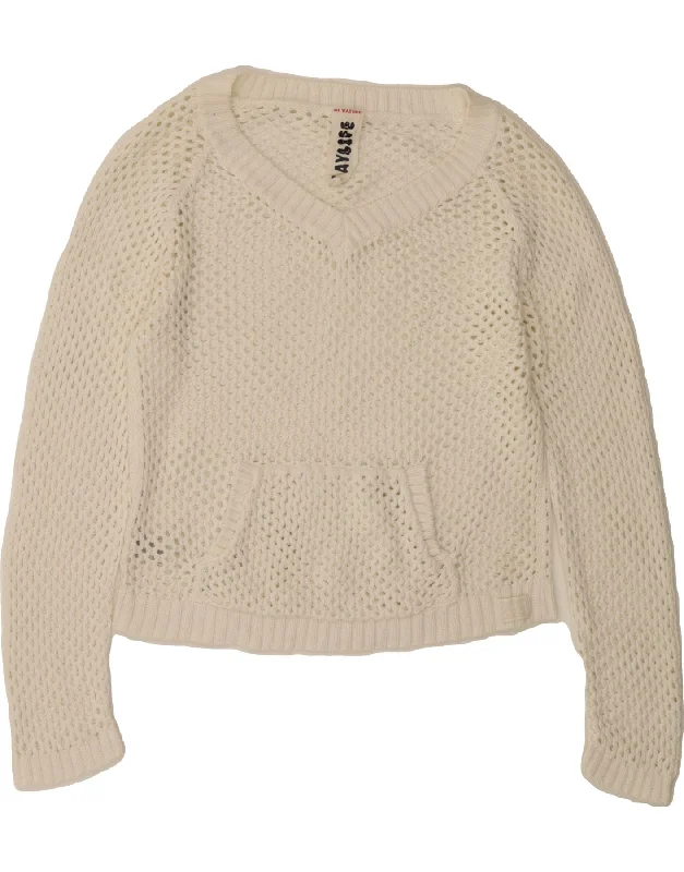 PLAYLIFE Womens V-Neck Jumper Sweater UK 14 Medium White Cotton Stylish Fashionable Trendy
