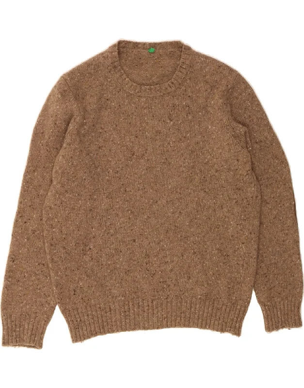 BENETTON Womens Crew Neck Jumper Sweater UK 18 XL Brown Flecked Wool Ribbed Striped Patterned