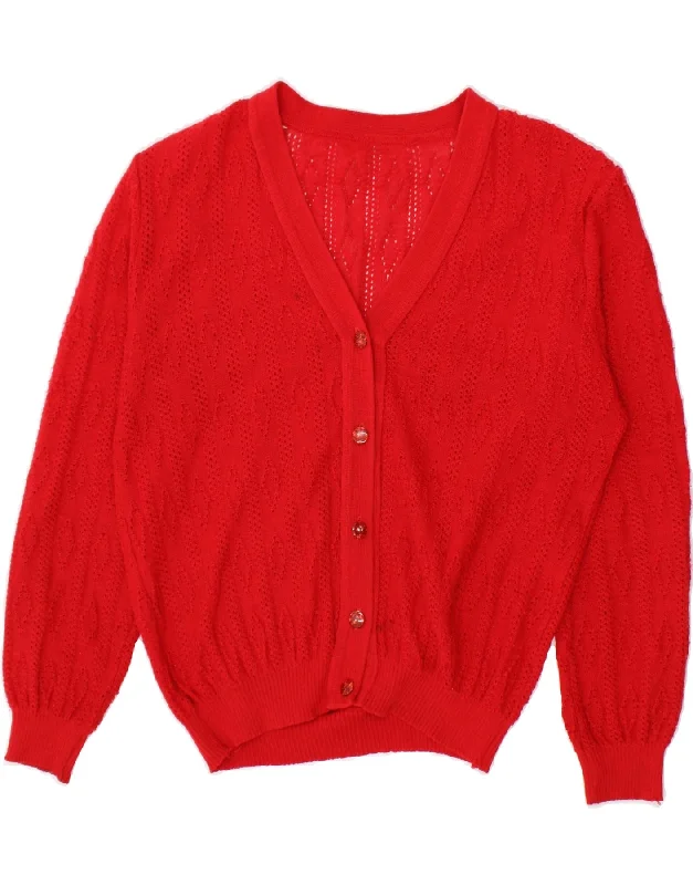 VINTAGE Womens Cardigan Sweater UK 12 Medium Red Cable Knit Ribbed Knit Lace Knit