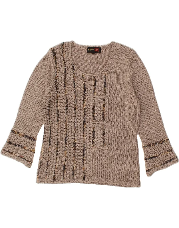 VINTAGE Womens Boat Neck Jumper Sweater UK 14 Large Brown Striped Zippered Front Buttoned Front Snap Front