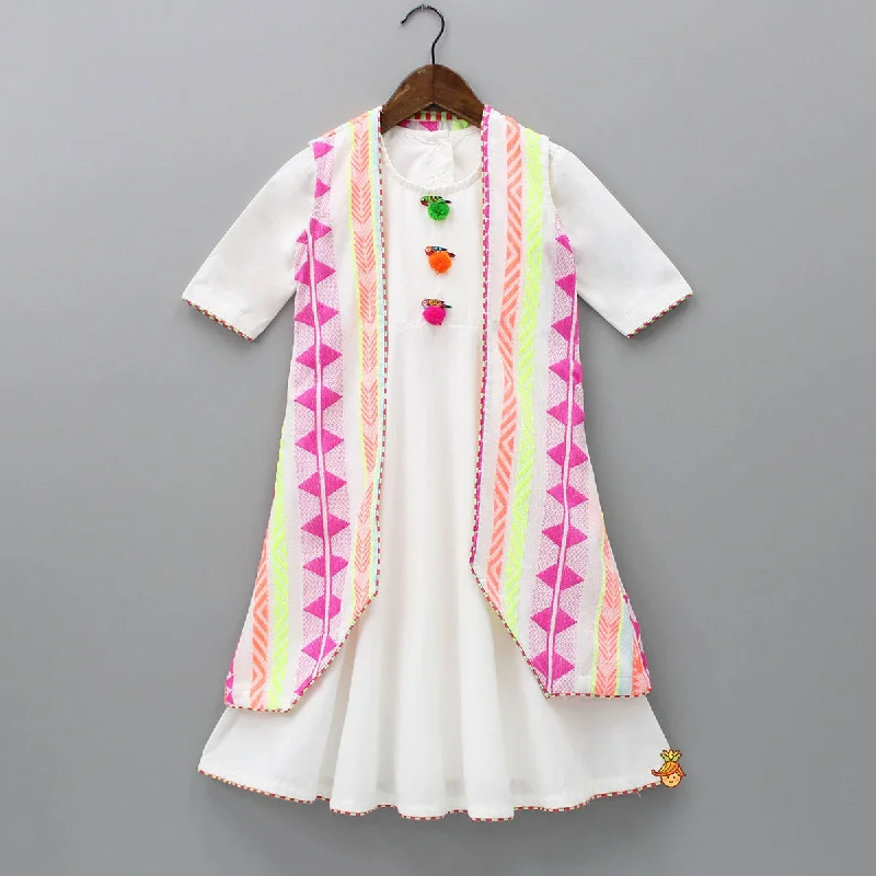 Pre Order: White Kurti With Multicolour Thread Embroidered Jacket Wool Fabric Cashmere Fabric Tweed Fabric