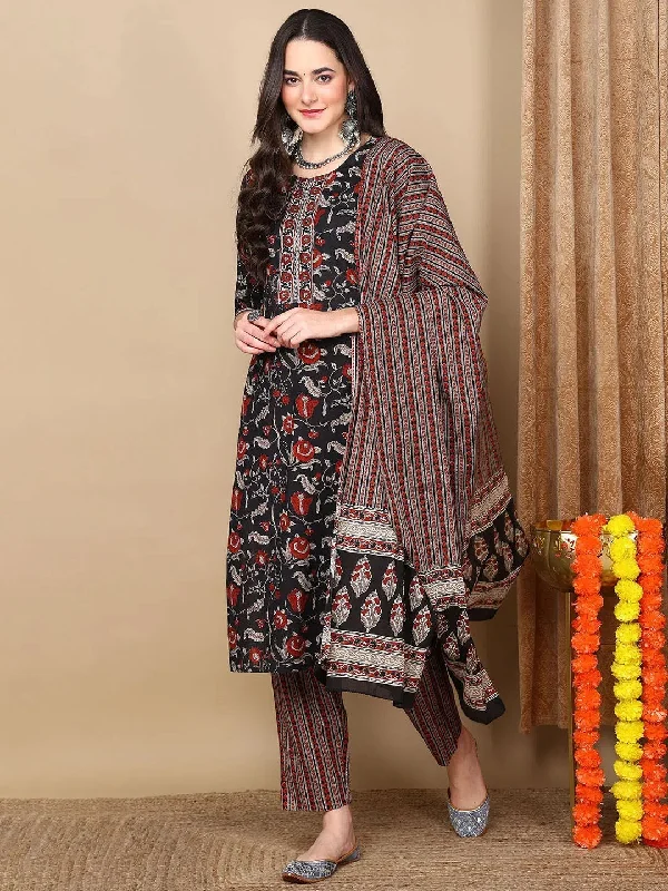 Ahika Women Black Rayon Blend Floral Printed Straight Kurta Trousers With Dupatta-VKSKD2234 Trousers Handmade Artisanal