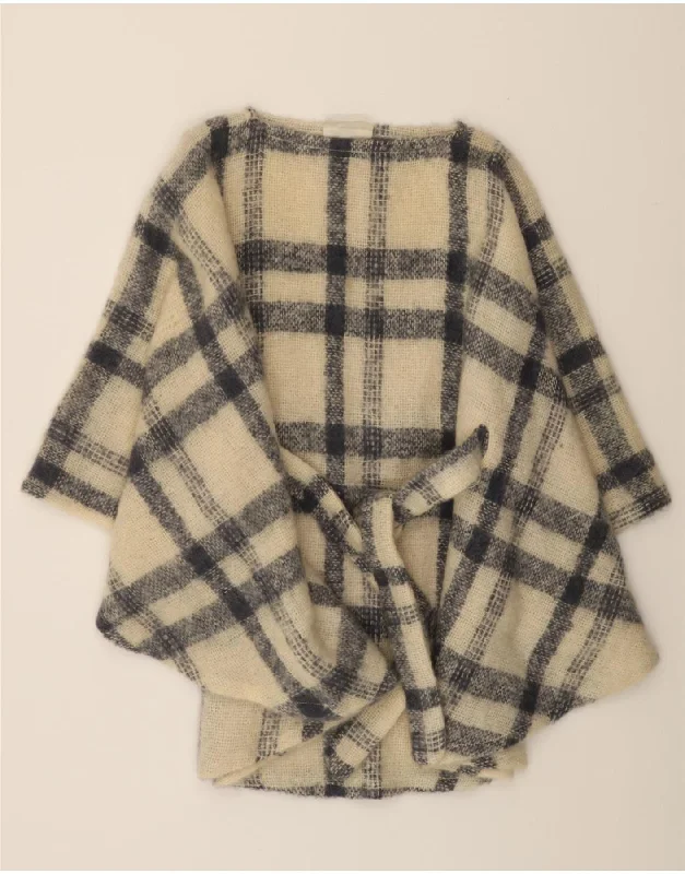 VINTAGE Womens Poncho Jumper One Size Beige Check Mohair Fitted Slim Tailored