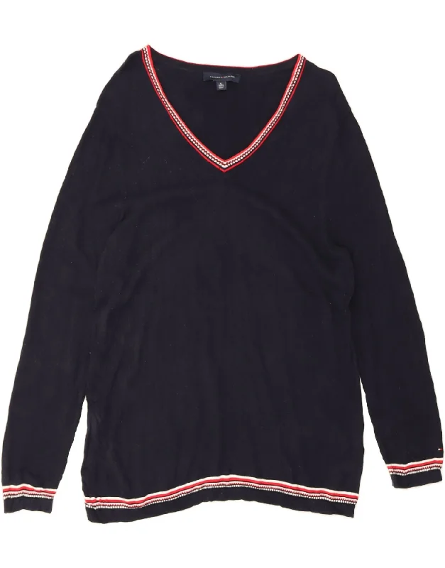 TOMMY HILFIGER Womens V-Neck Jumper Sweater UK 18 XL Navy Blue Cotton Fleece Sweater Nylon Polyester