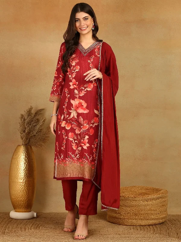 Ahika Women Maroon Rayon Blend Floral Printed Straight Kurta Trouser With Dupatta-PKSKD2526MRN Trousers Seasonal Trendy