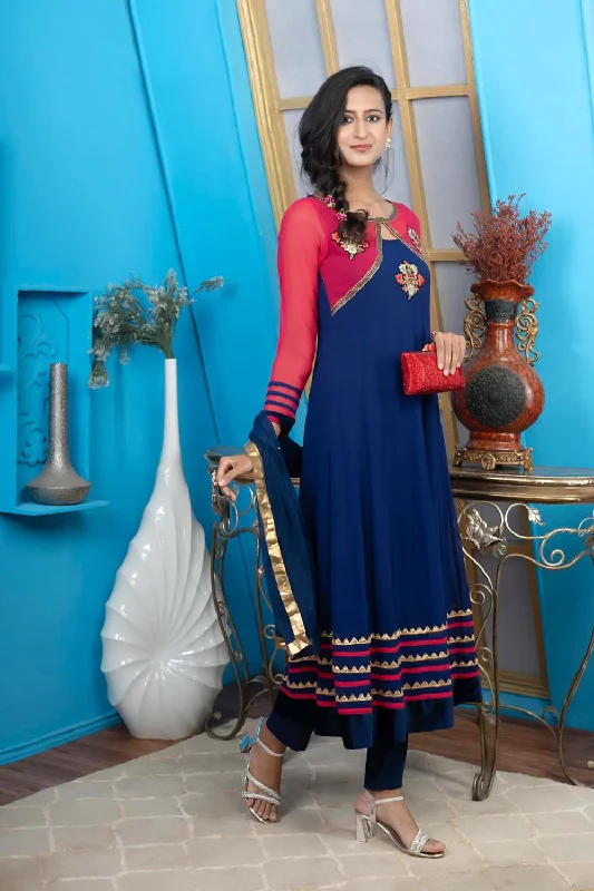 Blue Georgette Stitched Anarkali Trouser Kurta Dupatta Readymade Suits Trousers Silk Elegant