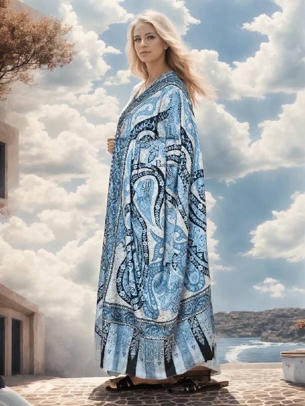 Pashtush Womens Kalamkari Shawl, Outline Hand Embroidery, Intricate Paisley Work, Azure Cozy Wool Shawl Poncho