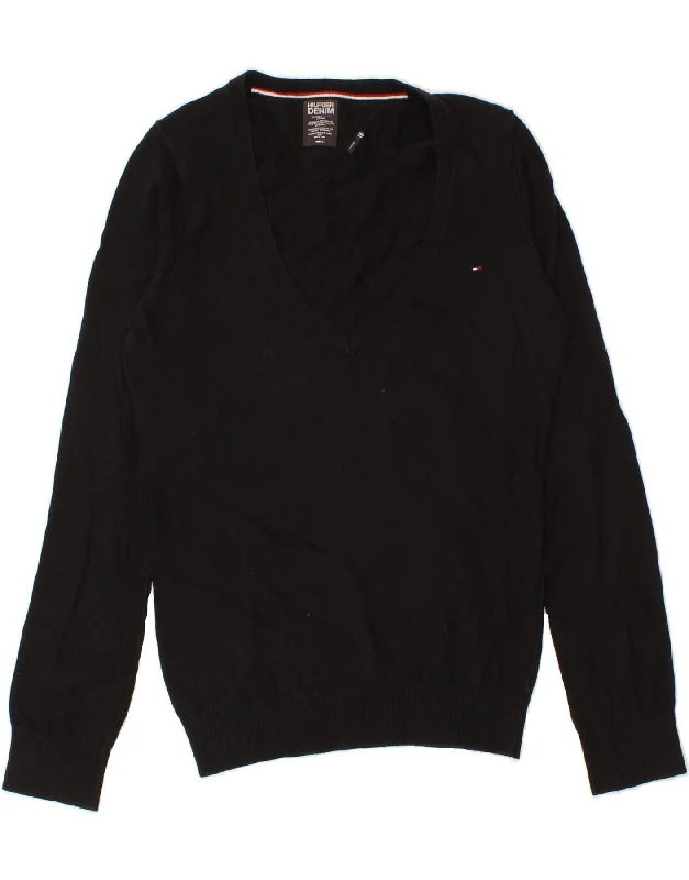 TOMMY HILFIGER Womens V-Neck Jumper Sweater UK 16 Large Black Cotton Chenille Fabric Brocade Fabric Lace Fabric